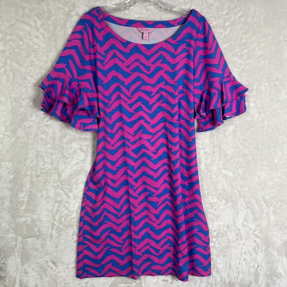 Lilly Pulitzer Lula Pink Dress Bennet Blue Pop Up I Got Lucky Ruffle Sleeve Sz M